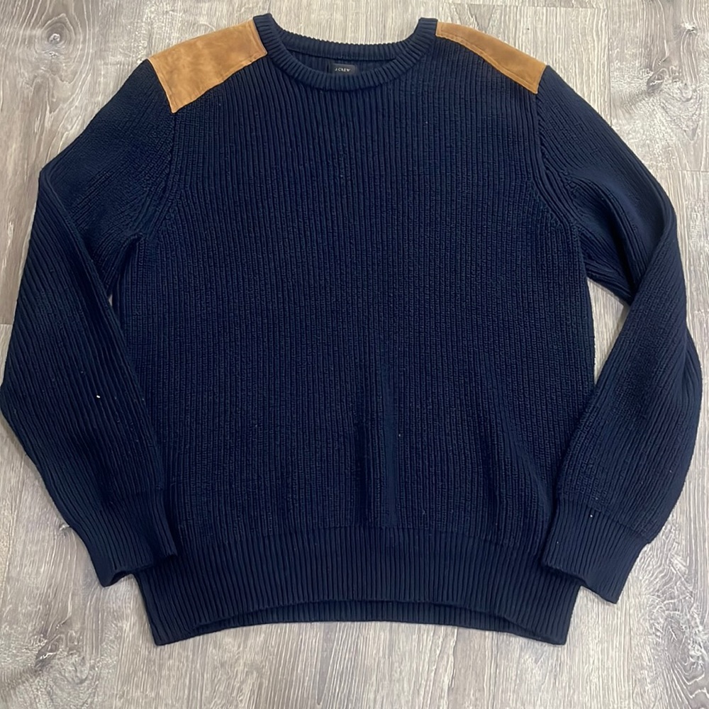 J Crew navy blue with brown shoulder patches